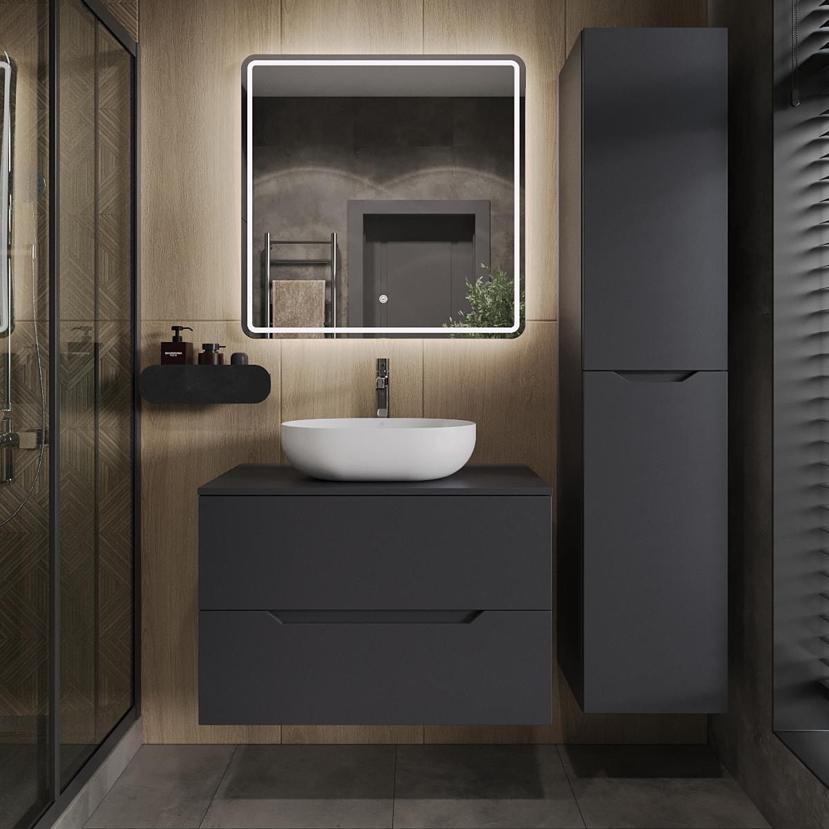 

Мебель для ванной комнаты Orange Line 80 подвесная, 2 ящика, матовый графит с раковиной B05-480W