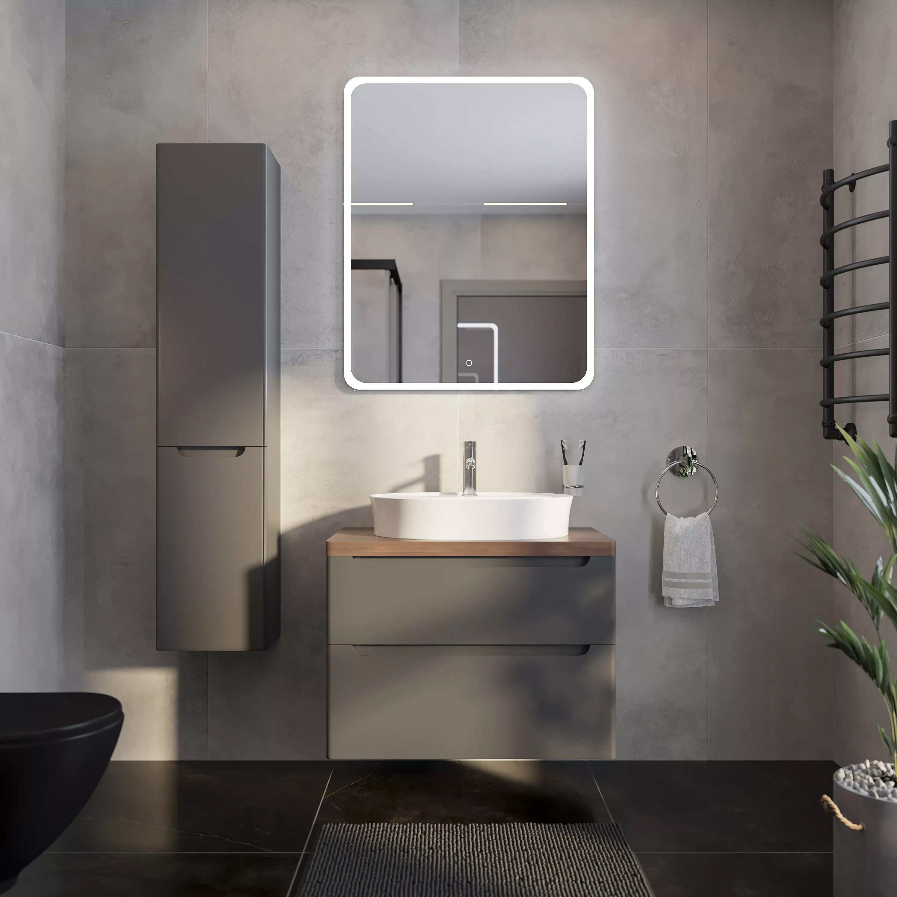 

Мебель для ванной STWORKI Берген 80 серая с темной столешницей, раковина Bocchi Slim Line 1600-001-0126 белая