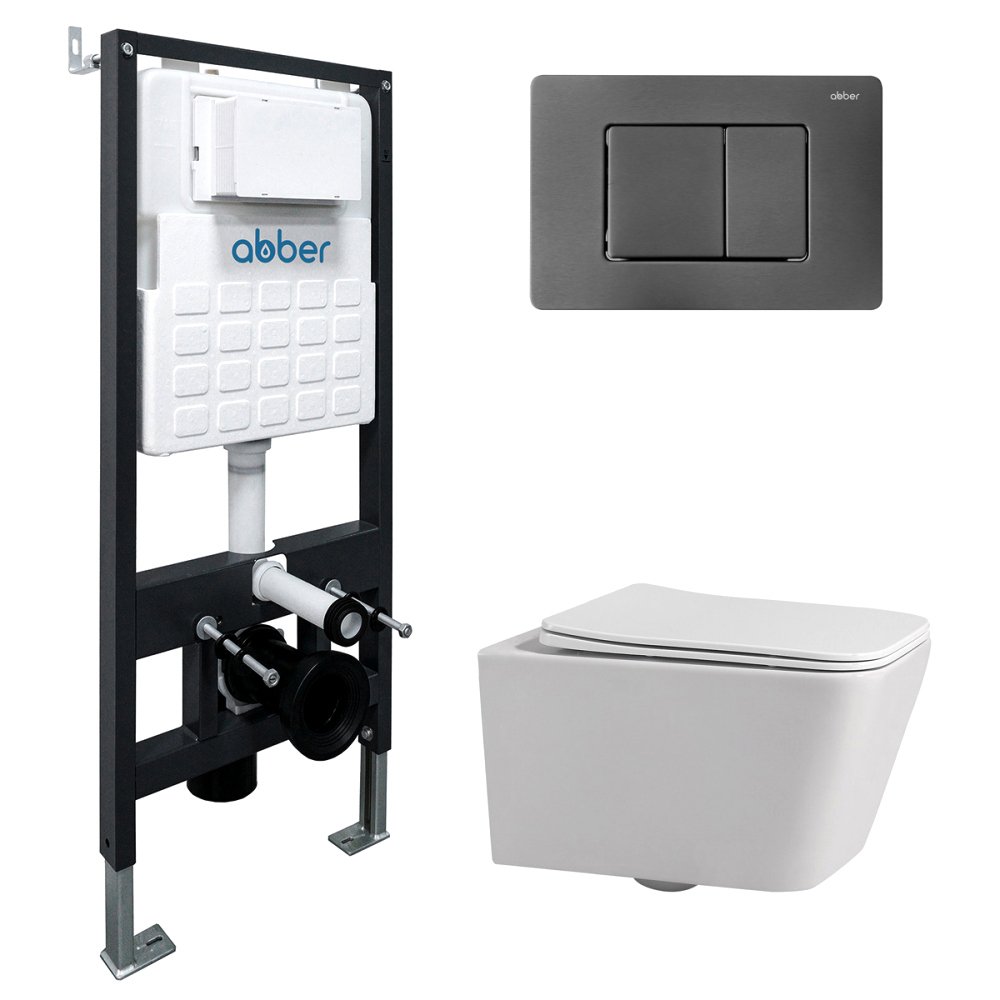 

Комплект Abber Rechteck AC1201-AC0105-AC0120NG, Унитаз подвесной безободковый, с микролифтом + Система инсталляции + Кнопка смыва никель