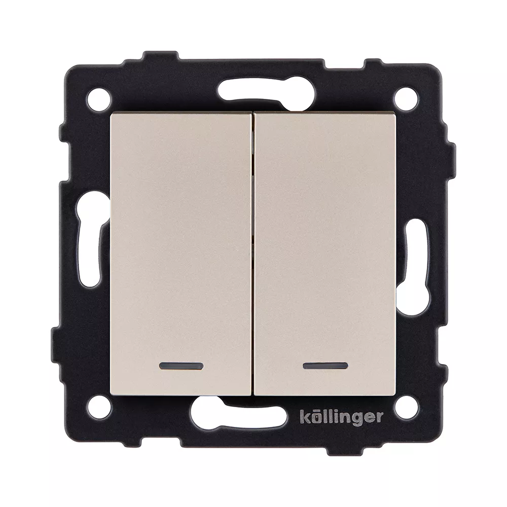 Выключатель кнопочный 2-клавишный 10А/250В с LED подсветкой, золотой Kollinger REA-S-014GD для Aspekt, Eleganz, Reflex