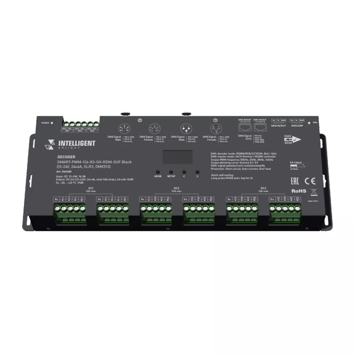 

Декодер Arlight SMART-PWM-124-83-SH-RDM-SUF Black (12-24V, 24x4A, XLR3, DMX512) 046483