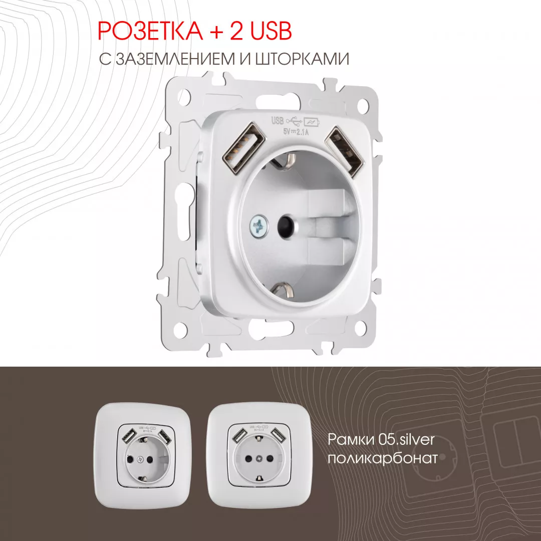 

Розетка с заземлением, шторками + 2 USB Arte Milano 205.47-1.silver