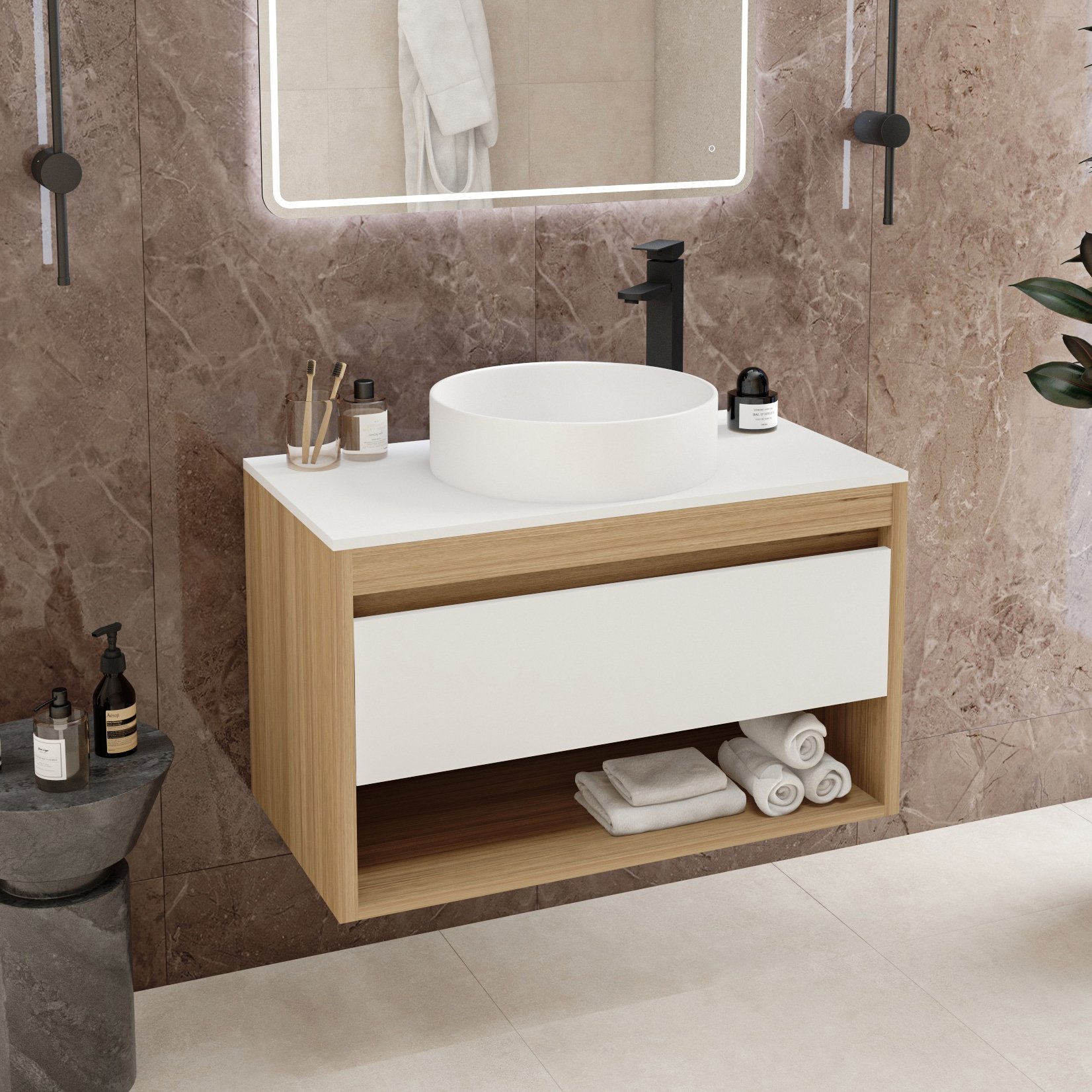 

Тумба с раковиной Teymi Ritta 85 дуб эврика, матовая белая, раковина Lina D41