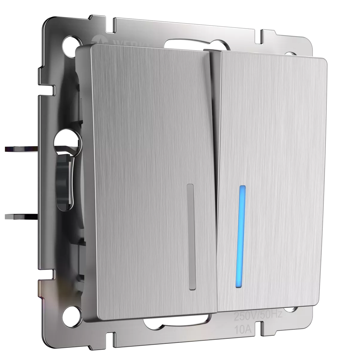 

Выключатель двухклавишный с подсветкой Werkel (cеребряный рифленый) W1120109 4690389157615 a050900