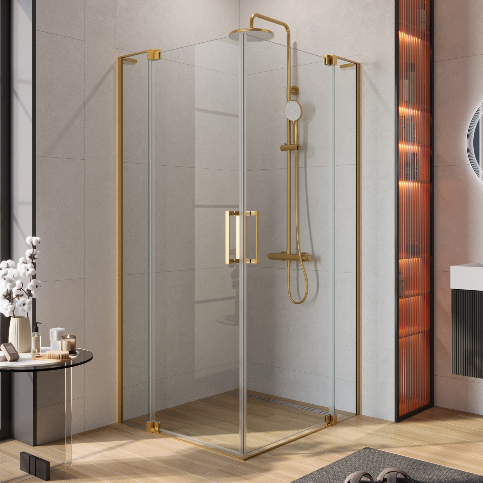 

Душевой уголок Cezares Slider AH 2 80/90-90/100 C BORO профиль брашированное золото, стекло прозрачное