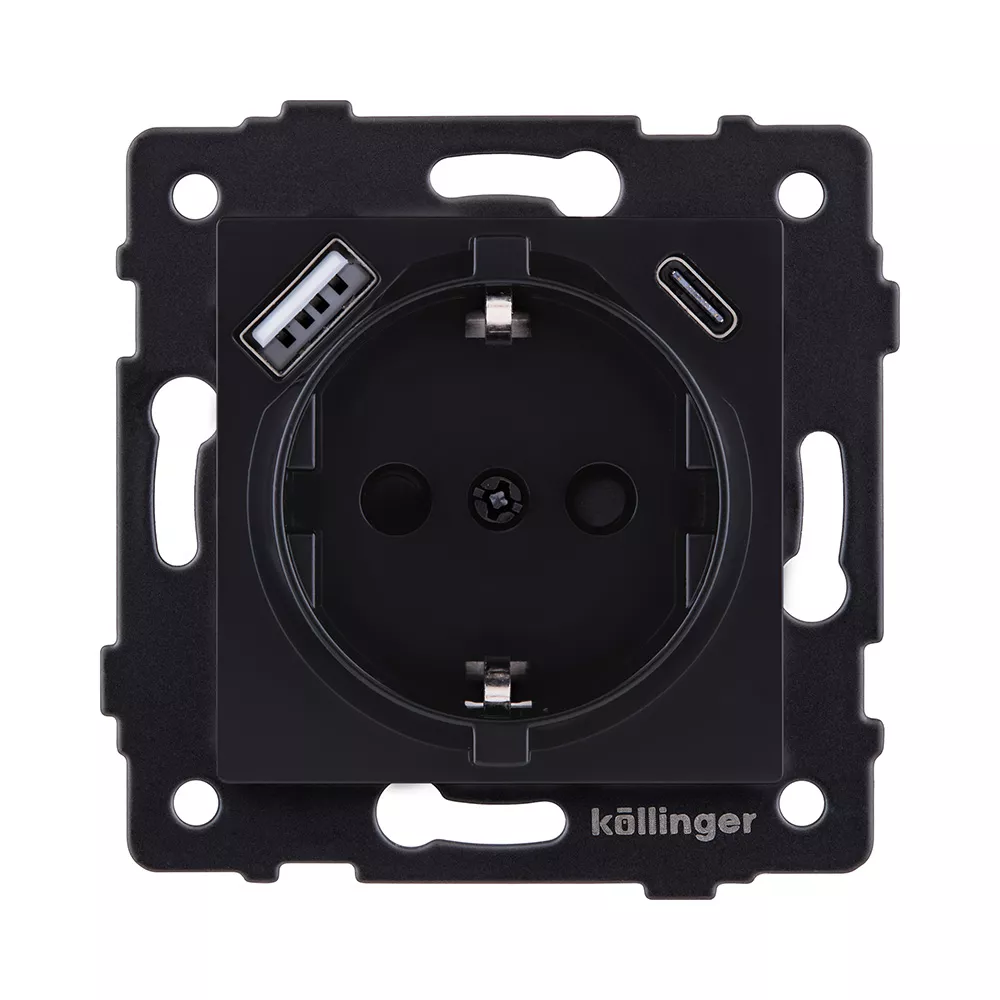 Розетка штепсельная SCHUKO 16A/250 В с USB A+C 20W, черный матовый Kollinger REA-004BM для Aspekt, Eleganz, Reflex