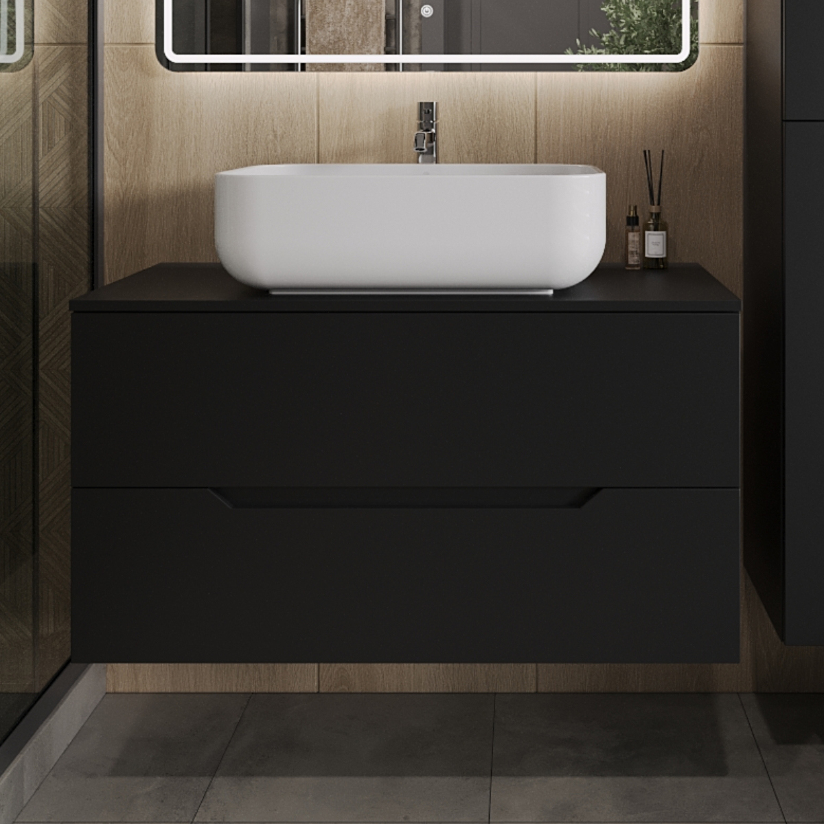 

Тумба с раковиной Orange Line 100 подвесная, 2 ящика, матовая черная с раковиной B03-600W