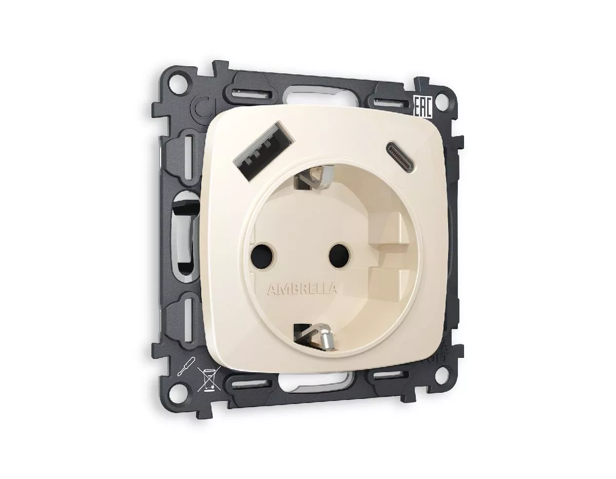 

Комплект механизма розетки 2USB A+C 20W (быстрая зарядка) с/з Ambrella Volt Omega MO310010