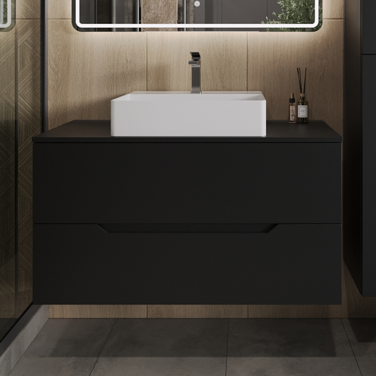 

Тумба с раковиной Orange Line 100 подвесная, 2 ящика, матовая черная с раковиной B04-500W