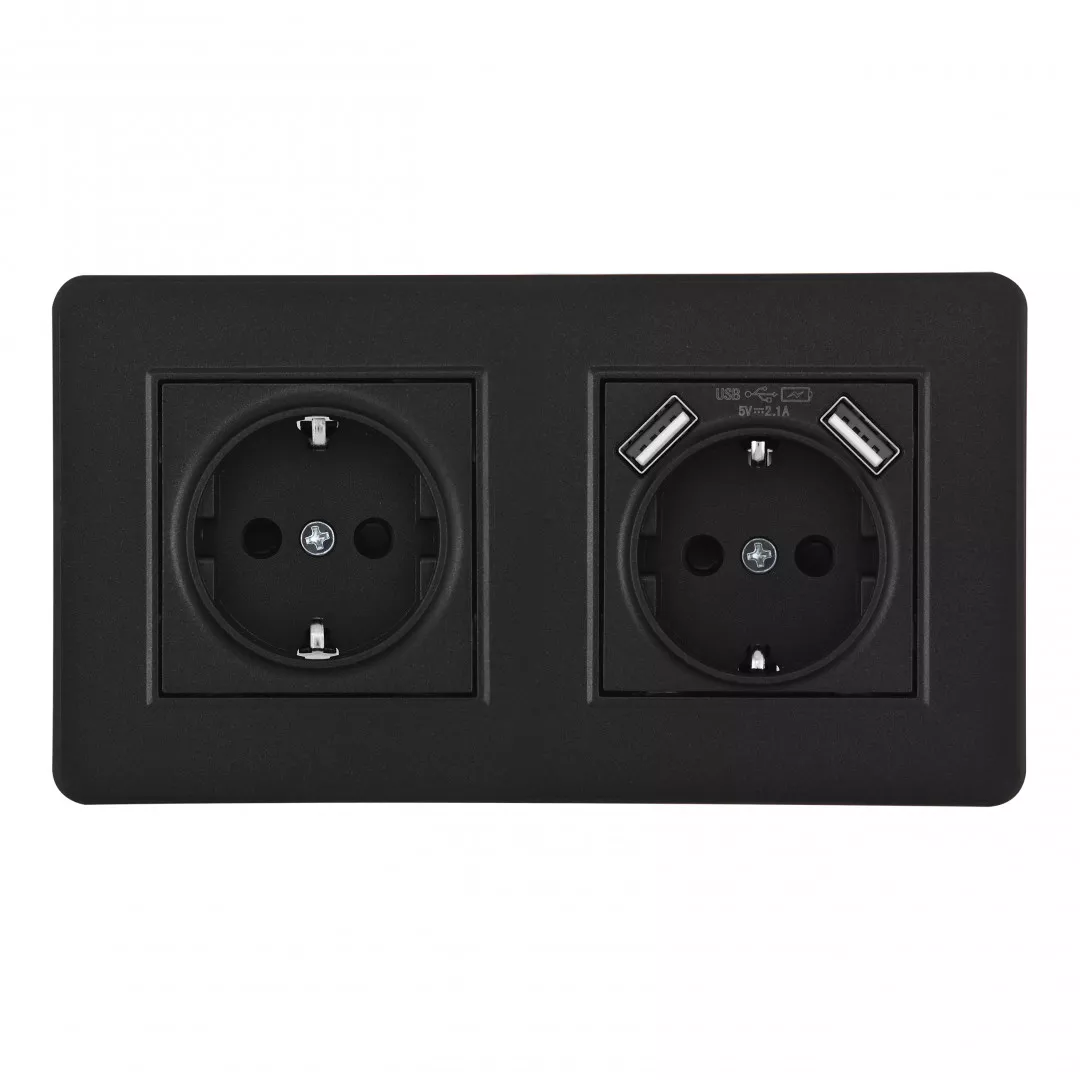 

Розетка двойная (двухпостовая) с/з и шторками + USB Arte Milano SET16-2-47-1-40-1 black