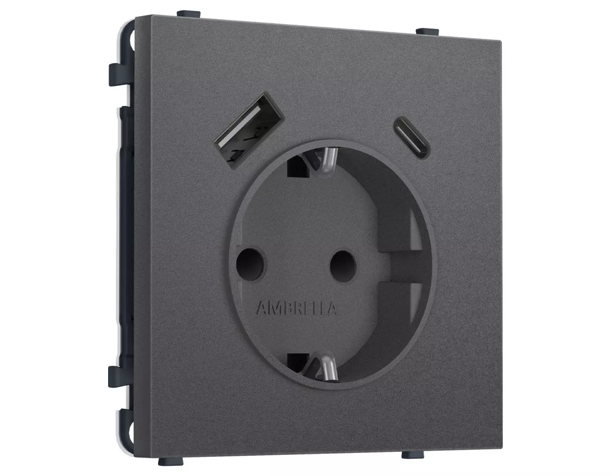 Комплект механизма электрической розетки SIGMA Антрацит серый 2USB A+C 20W Ambrella Volt MS660010 (SP6600, PR160)