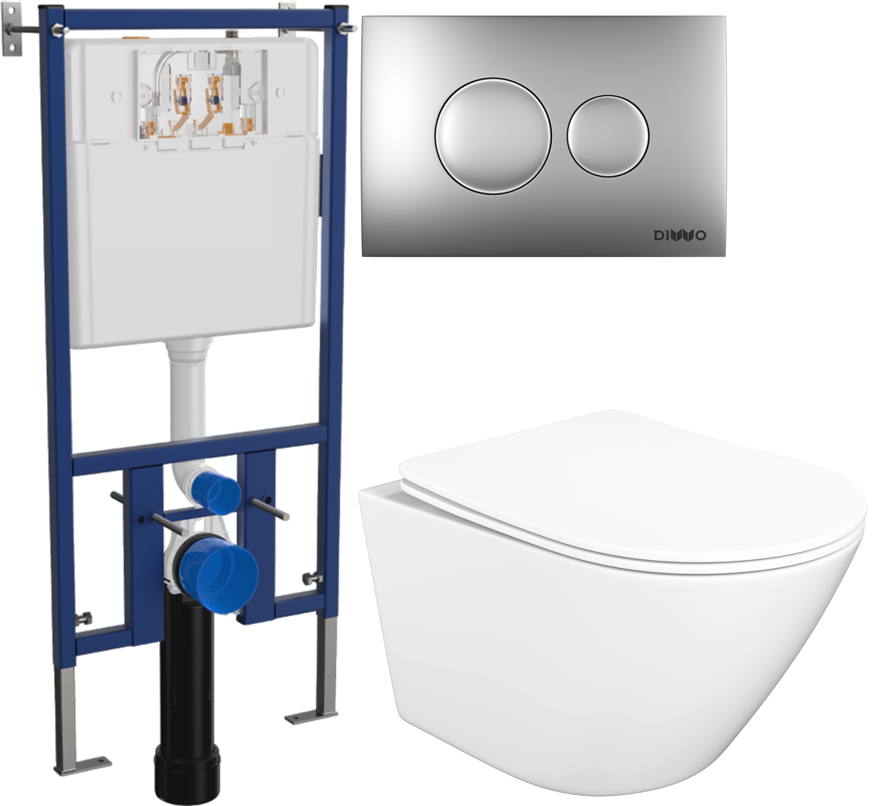 Комплект 3 в 1 Унитаз подвесной STWORKI Левангер S07401WH безободковый смыв Торнадо с микролифтом антивсплеск Инсталляция DIWO 4501 Кнопка 7311 цвет матовый хром 19944₽