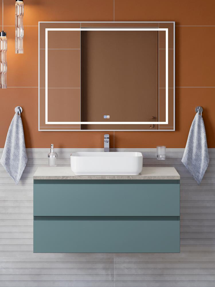 

Мебель для ванной комнаты BelBagno Kraft 100 подвесная, матовая голубая, столешница kep-100-mgl, раковина BB1304