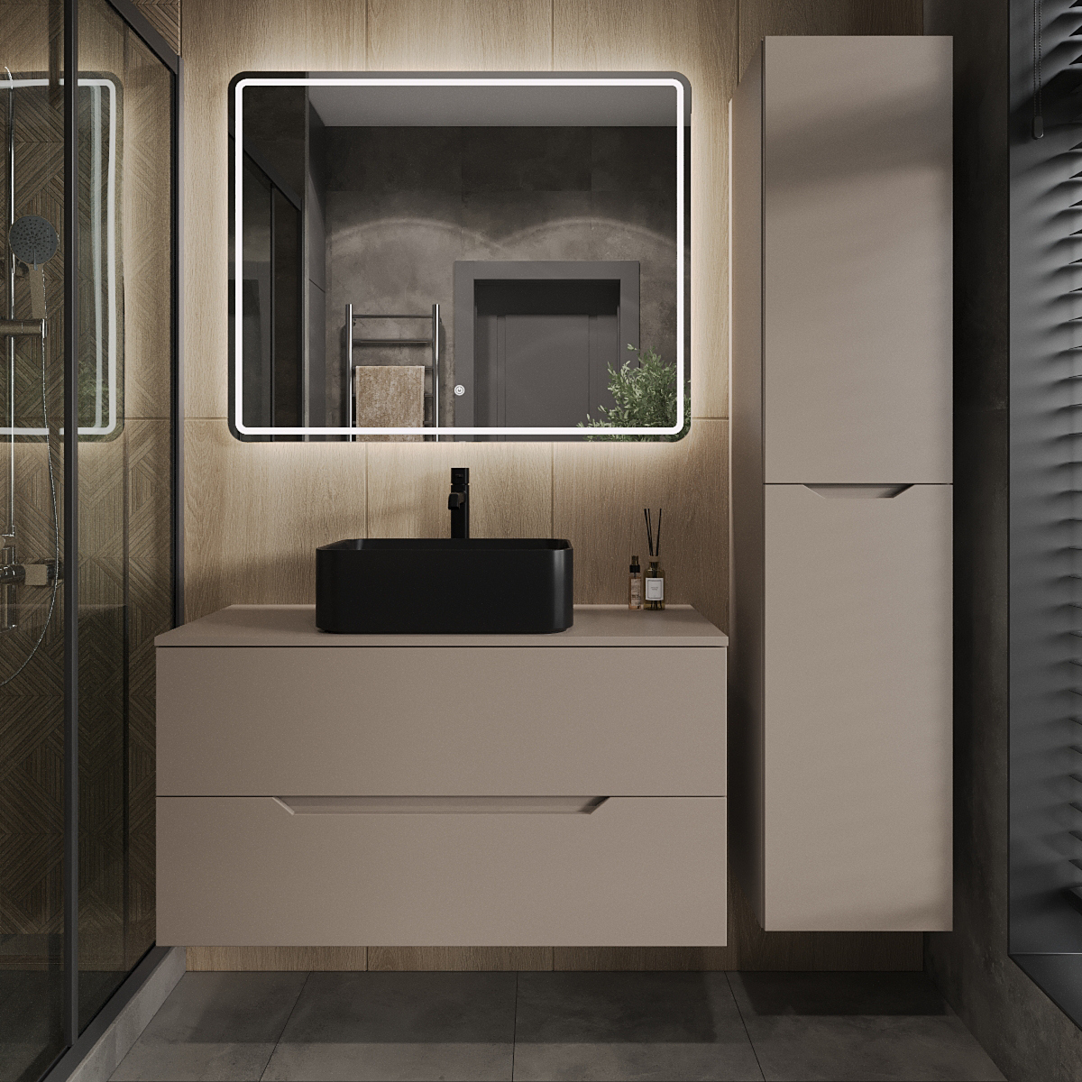 

Мебель для ванной комнаты Orange Line 100 подвесная, 2 ящика, матовый латте с раковиной B02-460MB