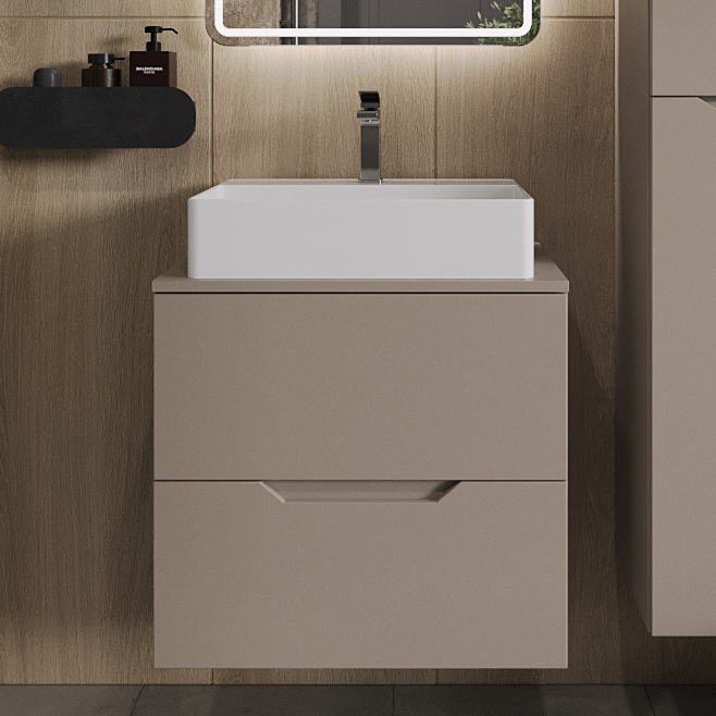 

Тумба с раковиной Orange Line 60 подвесная, 2 ящика, матовый латте с раковиной B04-500W