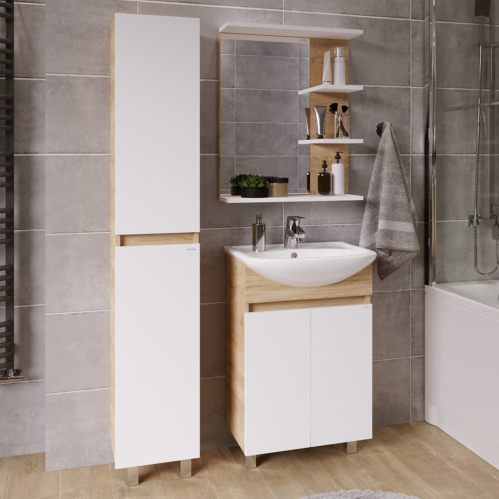 

Мебель для ванной комнаты Grossman Поло 55 дуб сонома светлый, белый глянцевый