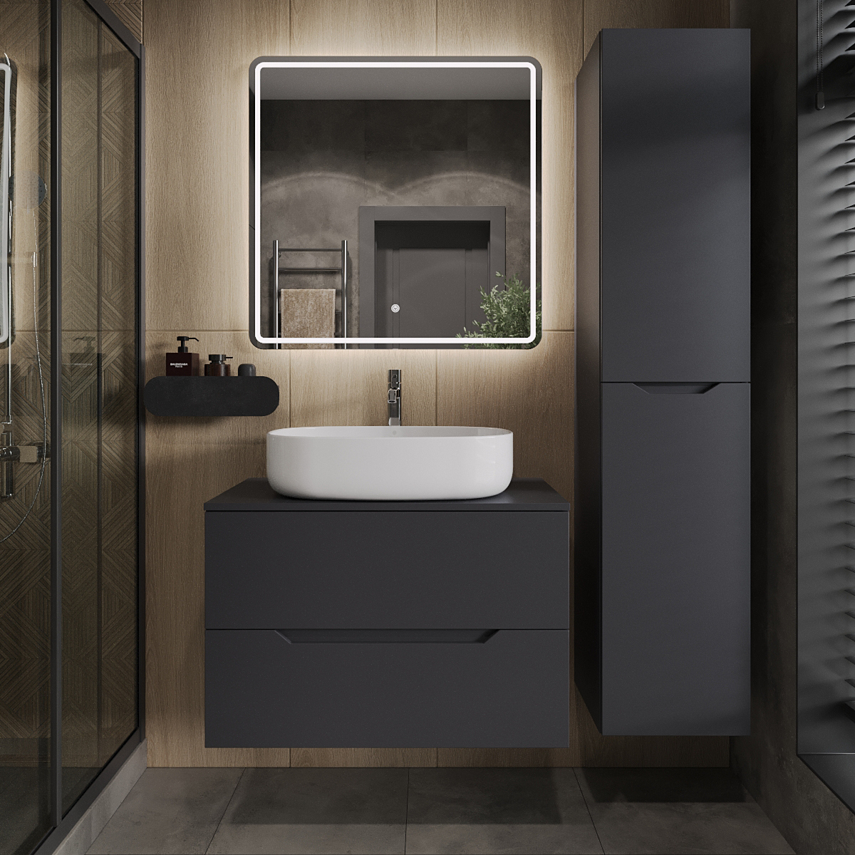 

Мебель для ванной комнаты Orange Line 80 подвесная, 2 ящика, матовый графит с раковиной B08-600W