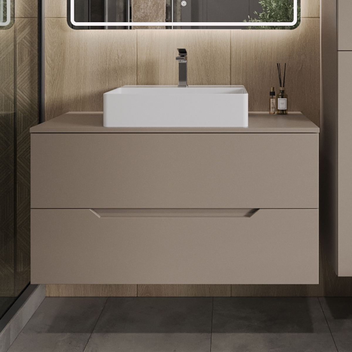 

Тумба с раковиной Orange Line 100 подвесная, 2 ящика, матовый латте с раковиной B04-500W