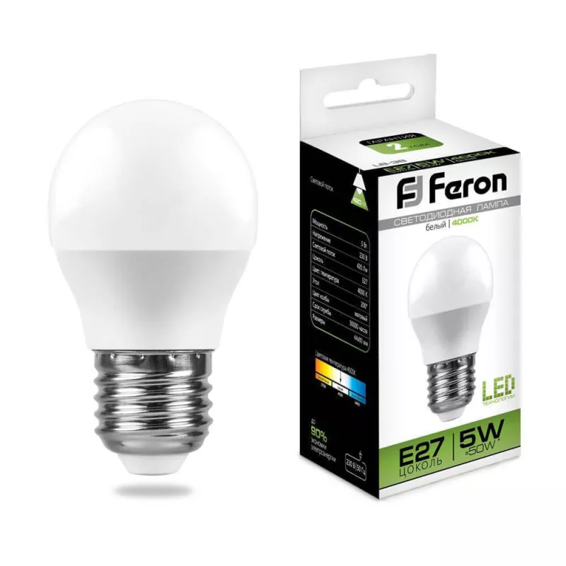 

Лампа светодиодная Feron E27 5W 4000K Шар Матовая LB-38 25405