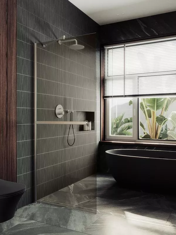 

Душевая перегородка Maybahglass 109х195 с полотенцедержателем, широкий профиль хром матовый, стекло бронза