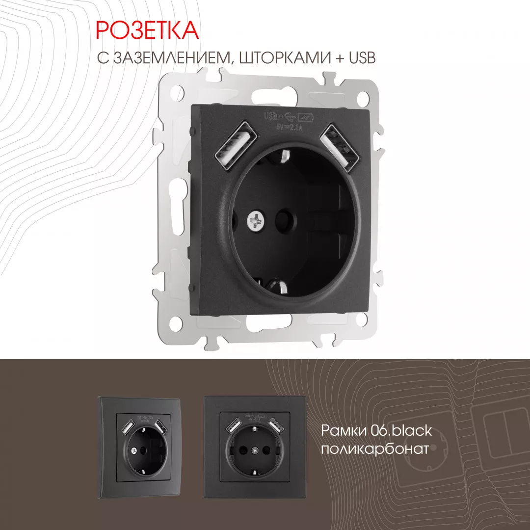 

Розетка с заземлением, шторками + 2 USB Arte Milano 206.47-1.black
