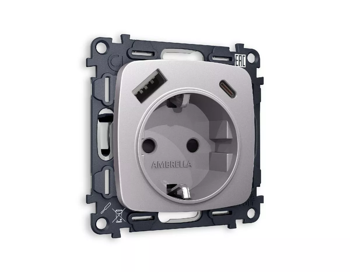 

Комплект механизма розетки 2USB A+C 20W (быстрая зарядка) с/з Ambrella Volt Omega MO510010
