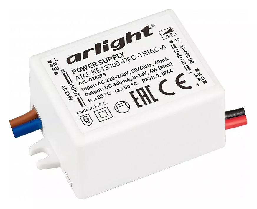 

Драйвер Arlight ARJ-KE13300-PFC-Triac-A 8-13V 4W IP44 0,3A 028275