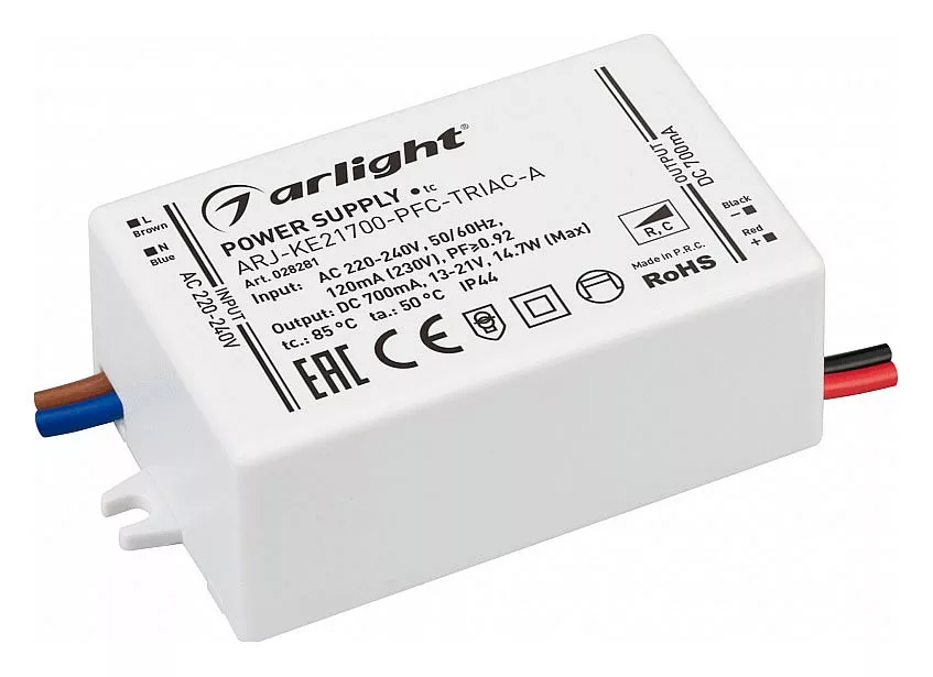 

Драйвер Arlight ARJ-KE30300-PFC-Triac-A 13-21V 15W IP44 0,7A 028281