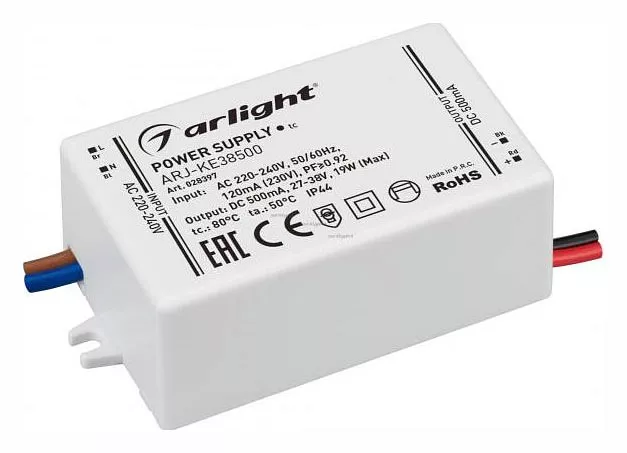

Драйвер Arlight ARJ-KE38500 27-38V 19W IP44 0,5A 028397