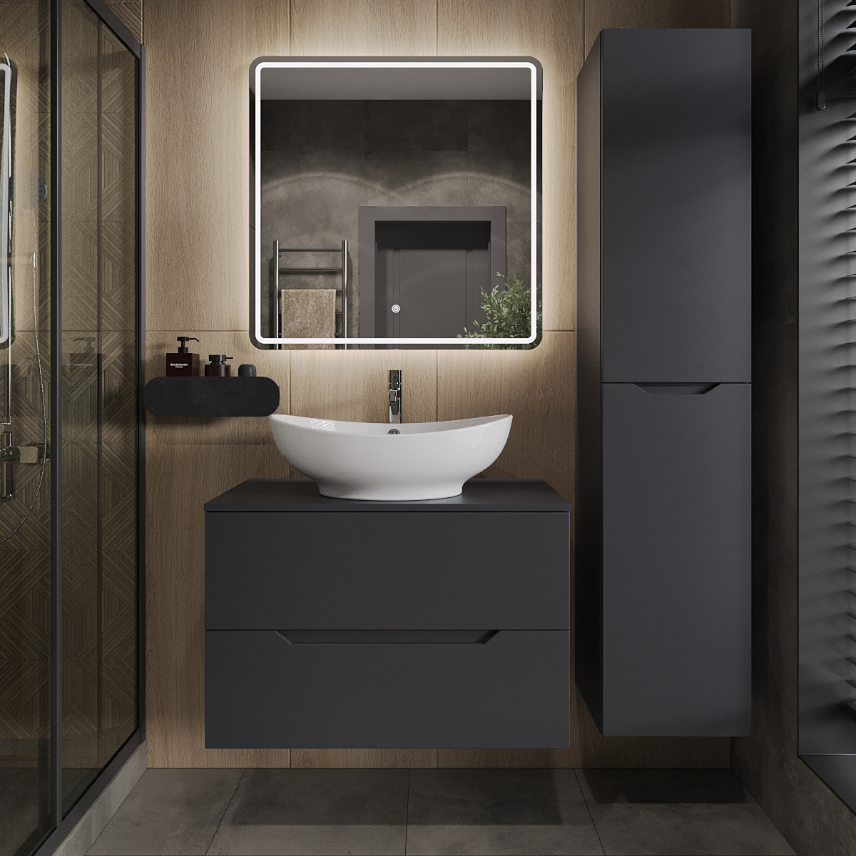 

Мебель для ванной комнаты Orange Line 80 подвесная, 2 ящика, матовый графит с раковиной B08-585w