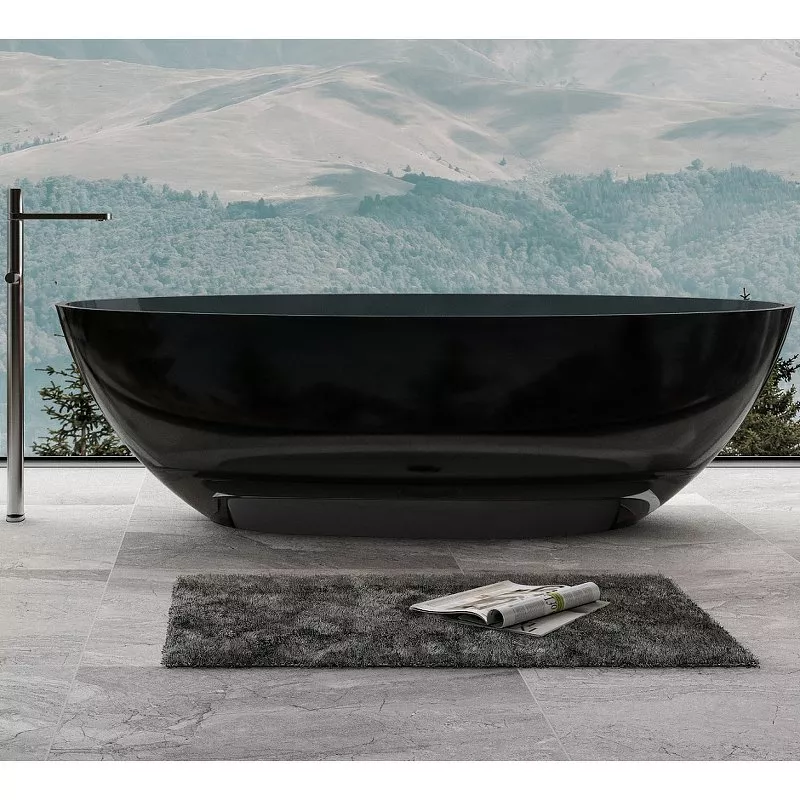 Отдельностоящие ванны Акриловая ванна Abber Kristall AT9702 Onyx 180x85 см, отдельностоящая, черная, овальная, с донным клапаном