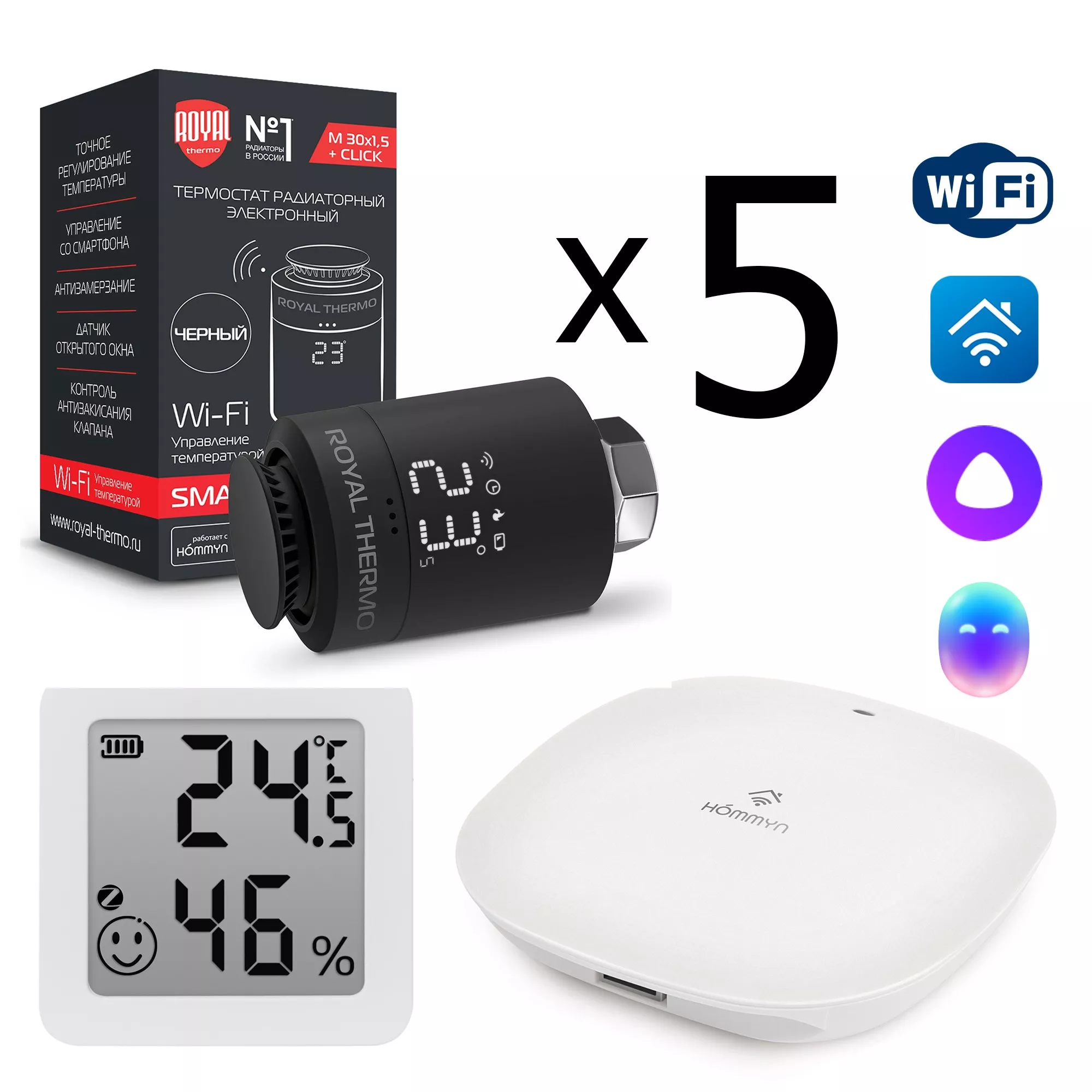 

Комплект управления Royal Thermo для 5 радиаторов по Wi-Fi Smart Heat HH-01/THS30ZB, черный