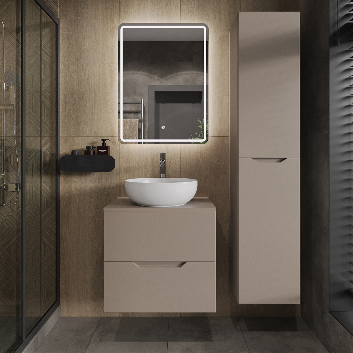 

Мебель для ванной комнаты Orange Line 60 подвесная, 2 ящика, матовый латте с раковиной B07-420W