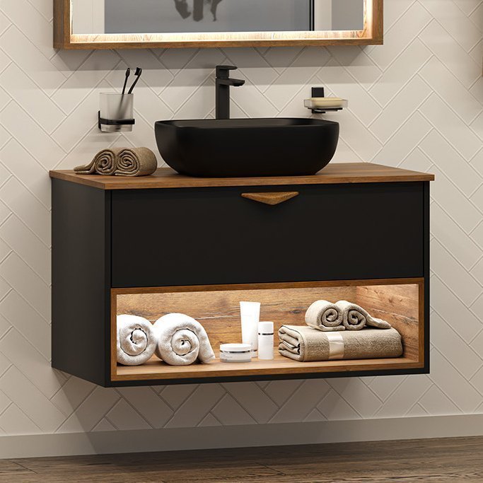 Тумба с раковиной Brevita Bergen 90 подвесная с подсветкой дуб галифакс олово черный 31773₽