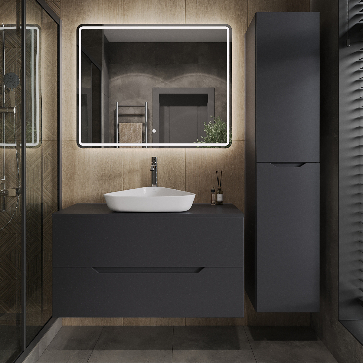 

Мебель для ванной комнаты Orange Line 100 подвесная, 2 ящика, матовый графит с раковиной B07-500W