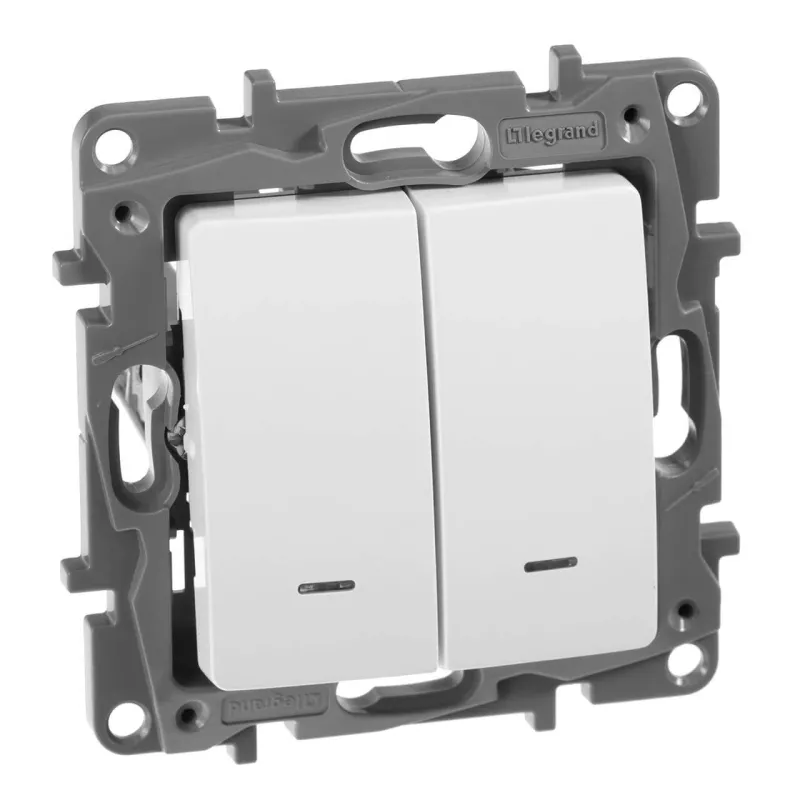 

Переключатель двухклавишный Legrand Etika с подсветкой 10A 250V белый 672216