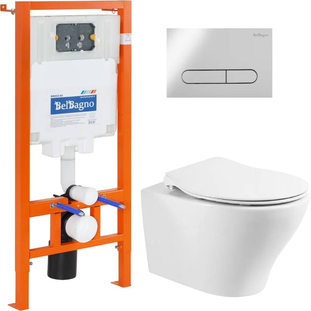 

Комплект унитаза с инсталляцией BelBagno Acqua с сиденьем микролифт и кнопкой смыва хром глянцевый