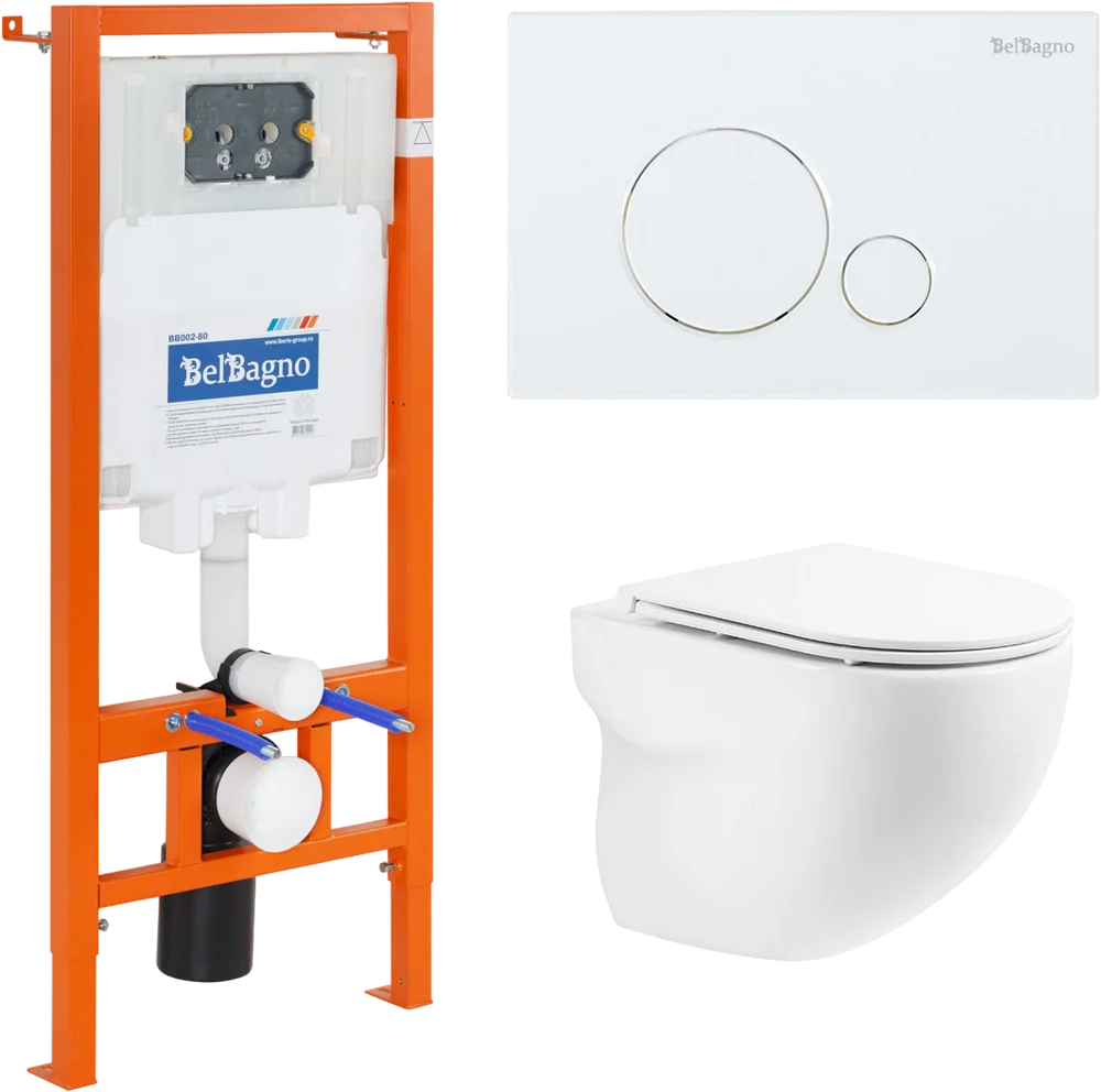 

Комплект унитаза с инсталляцией BelBagno Onda с сиденьем микролифт и клавишей смыва белый глянец