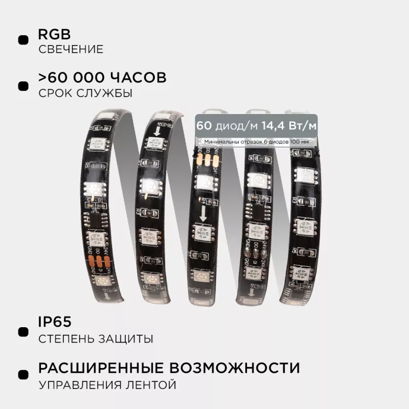 

Комплект адресной светодиодной ленты Apeyron 24В 14,4Вт/м smd5050 60д/м IP65 2м RGB (адаптер питания, контроллер) 10-97