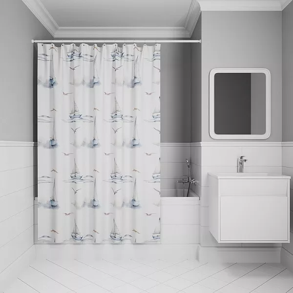 Шторы для ванной  Santehnika Room Штора для ванной IDDIS Base 180х200 BO02P18i11 белая, корабли