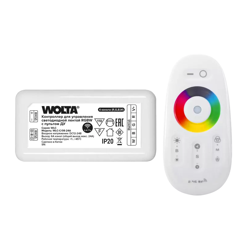 

Контроллер 4-канальный для светодиодной ленты RGBW 12-24В, 24А с пультом RF2.4ГГц WOLTA WLC-C/08-24A