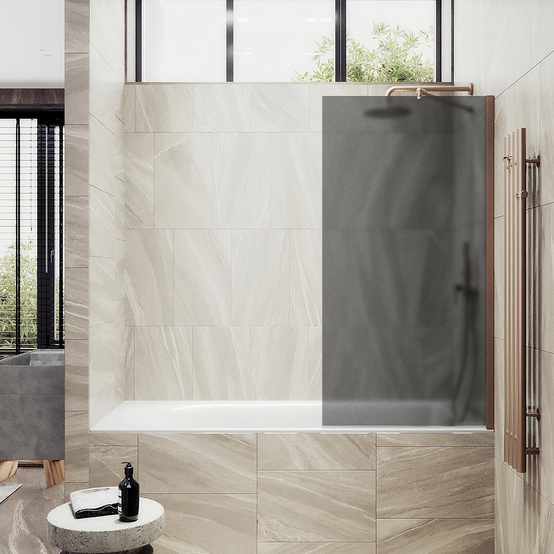 

Шторка на ванну Maybahglass 90x140 широкий профиль бронза, стекло графит матовое