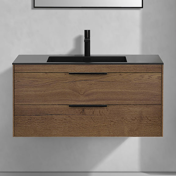 

Тумба с раковиной Vincea Chiara 2D 100, 2 ящика, дуб табак, с черной раковиной