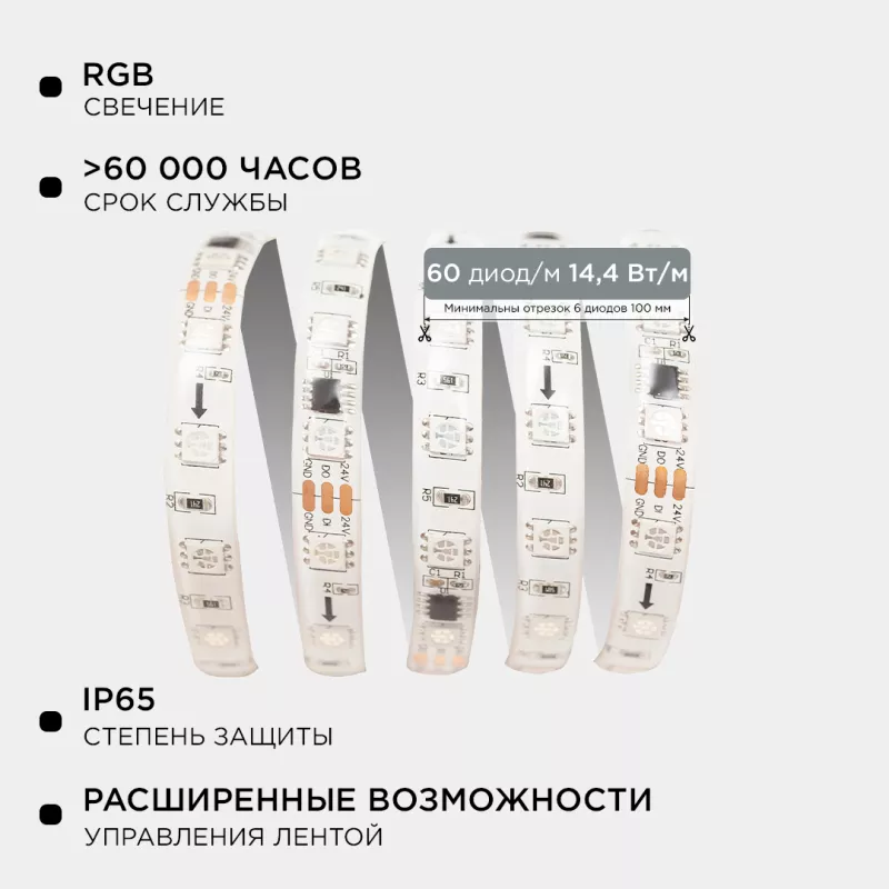 

Комплект адресной светодиодной ленты Apeyron 24В 14,4Вт/м smd5050 60д/м IP65 2м RGB (адаптер питания, контроллер) 10-95