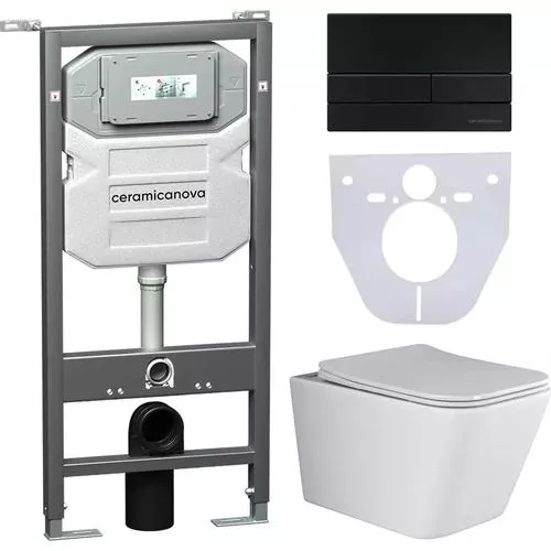 Унитазы с инсталляцией  Santehnika Room Комплект Унитаз подвесной Ceramicanova Metric CN3007 с микролифтом, безободковый + Иинсталляции Envision CN1002B + Кнопка Flat, черная матовая