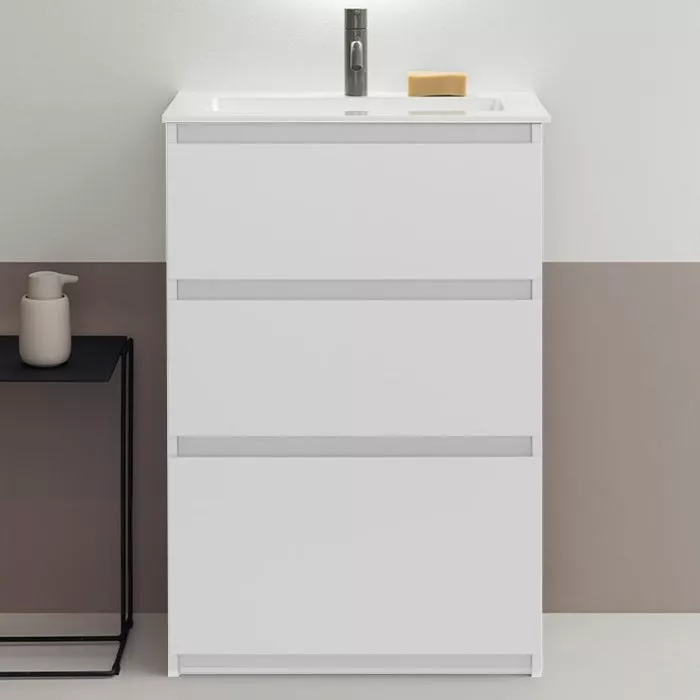 

BURGBAD LIN20 Комплект мебели 620х365хx902 мм., напольный, 3 ящика, с 1 отверстием для смесителя, раковина белая с сифоном, цвет белый матовый