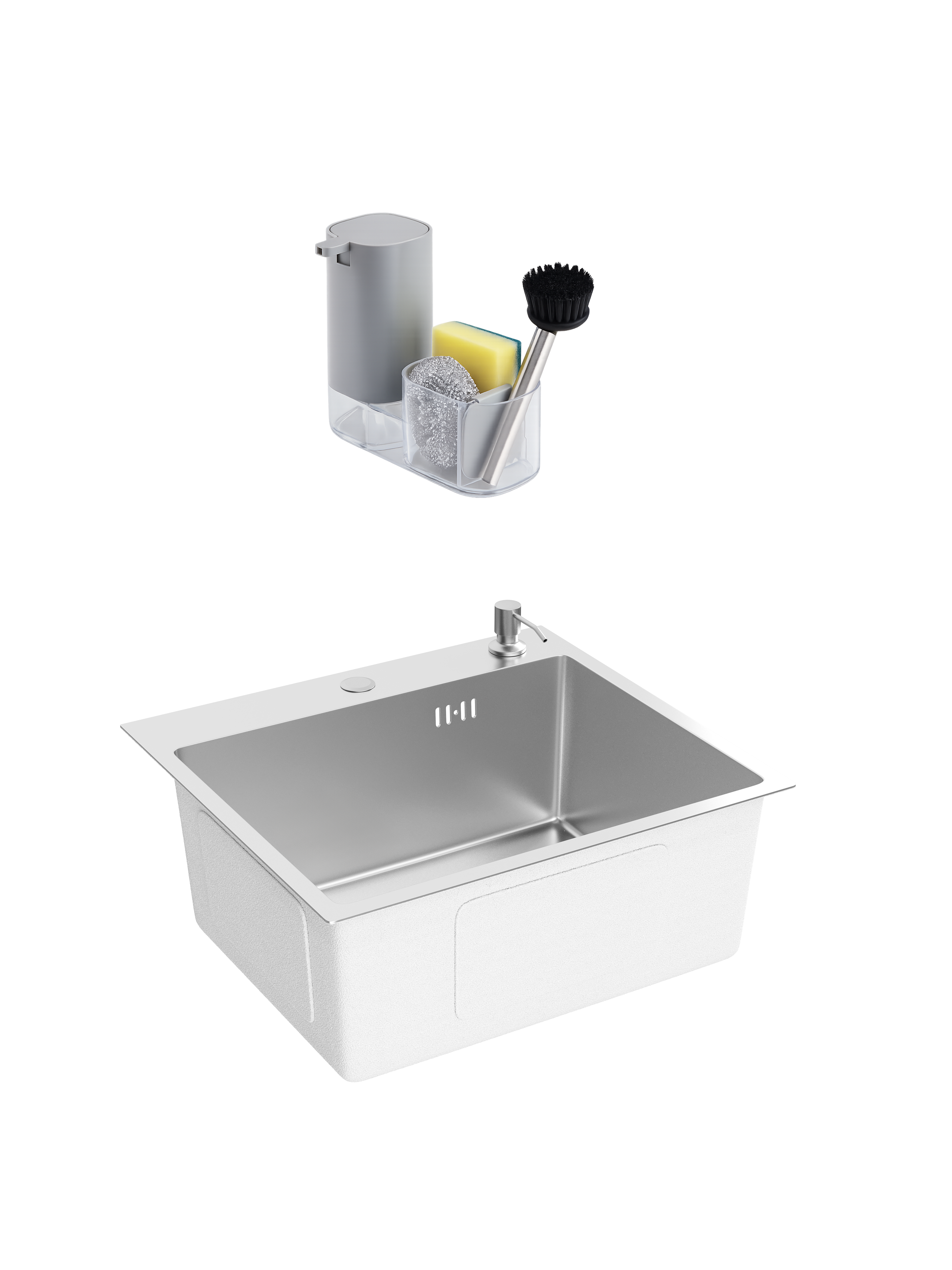 Мойка кухонная Domaci Равенна DMC-RV5045202S 50x45, сталь, интегрированная, накладная, встраиваемая сверху, нержавеющая сталь, 50x45 см, с дозатором и сифоном, сталь + Комплект аксессуаров для кухни 5 в 1 Domaci Парма DMC-PR10G