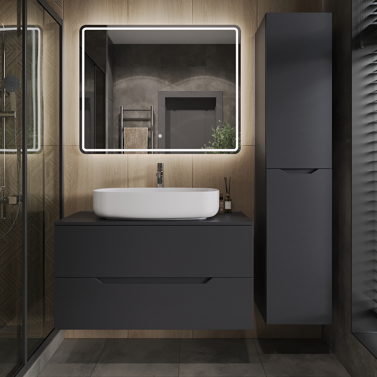 

Мебель для ванной комнаты Orange Line 100 подвесная, 2 ящика, матовый графит с раковиной B07-675W