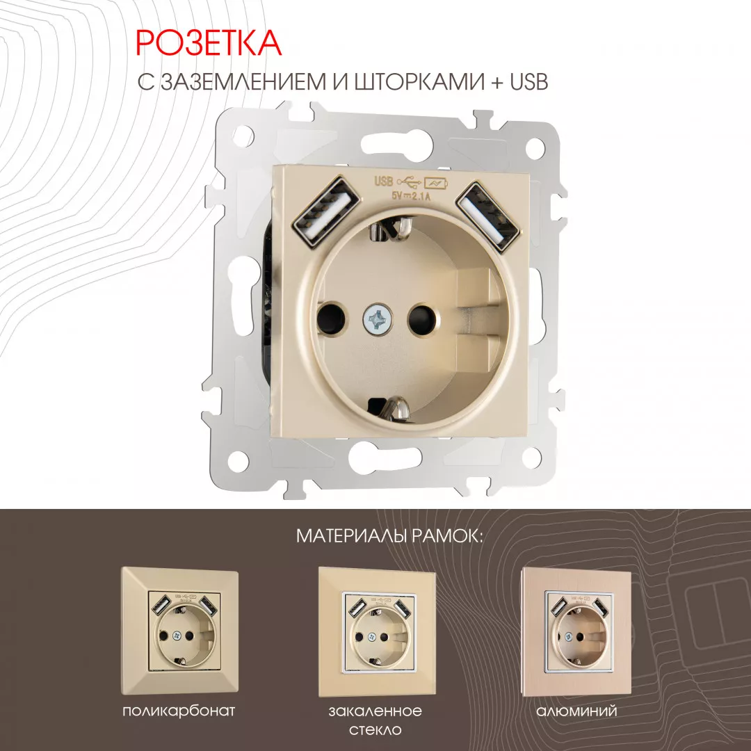 

Розетка с заземлением, шторками + USB Arte Milano 203.47-1.shampan