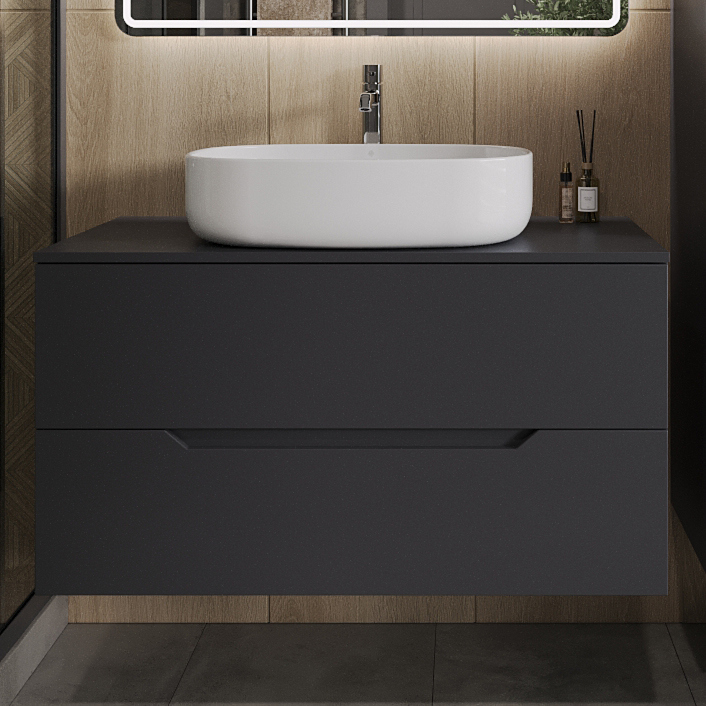 

Тумба с раковиной Orange Line 100 подвесная, 2 ящика, матовый графит с раковиной B08-600W